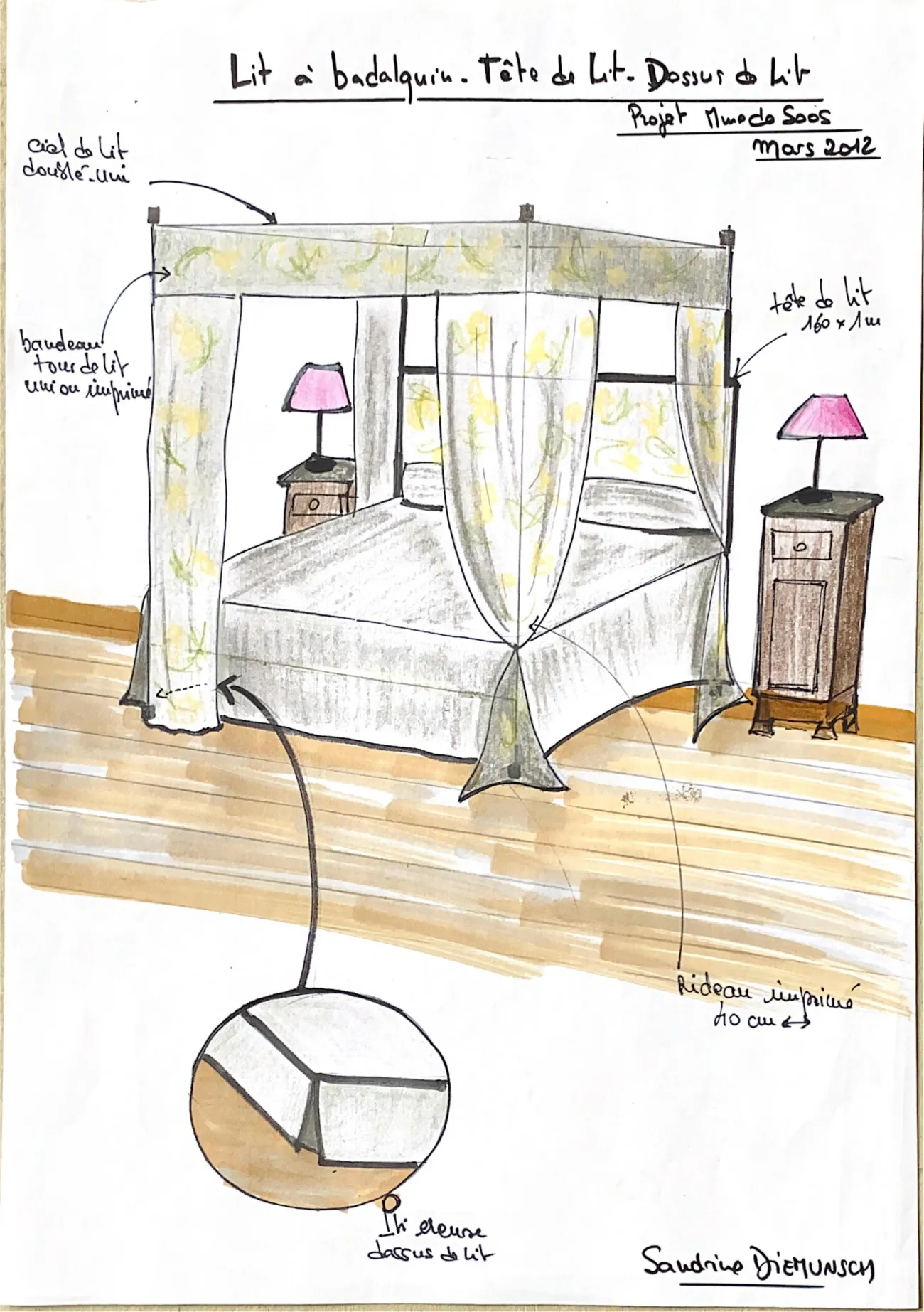 Étude dessinée d'un lit à baldaquin