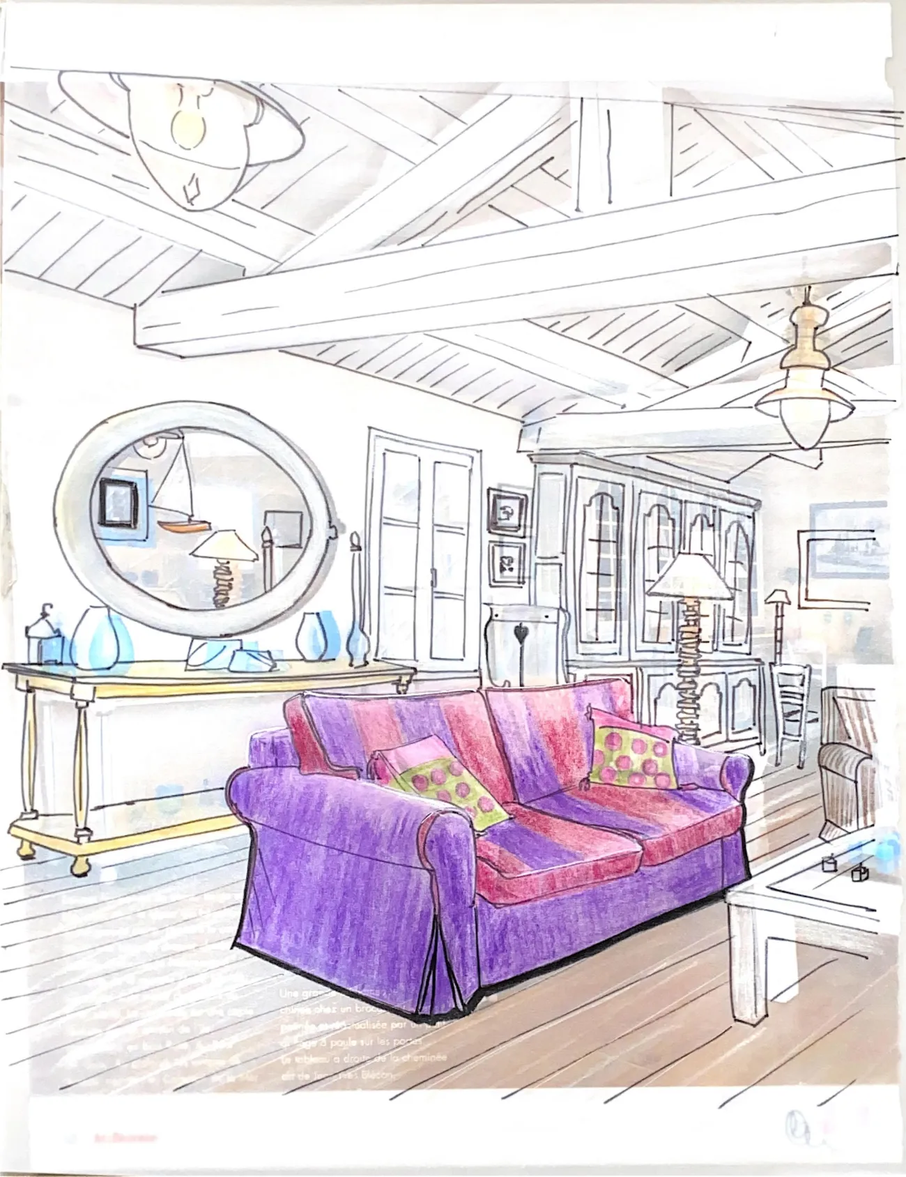 Croquis d'un canapé violet dans un séjour