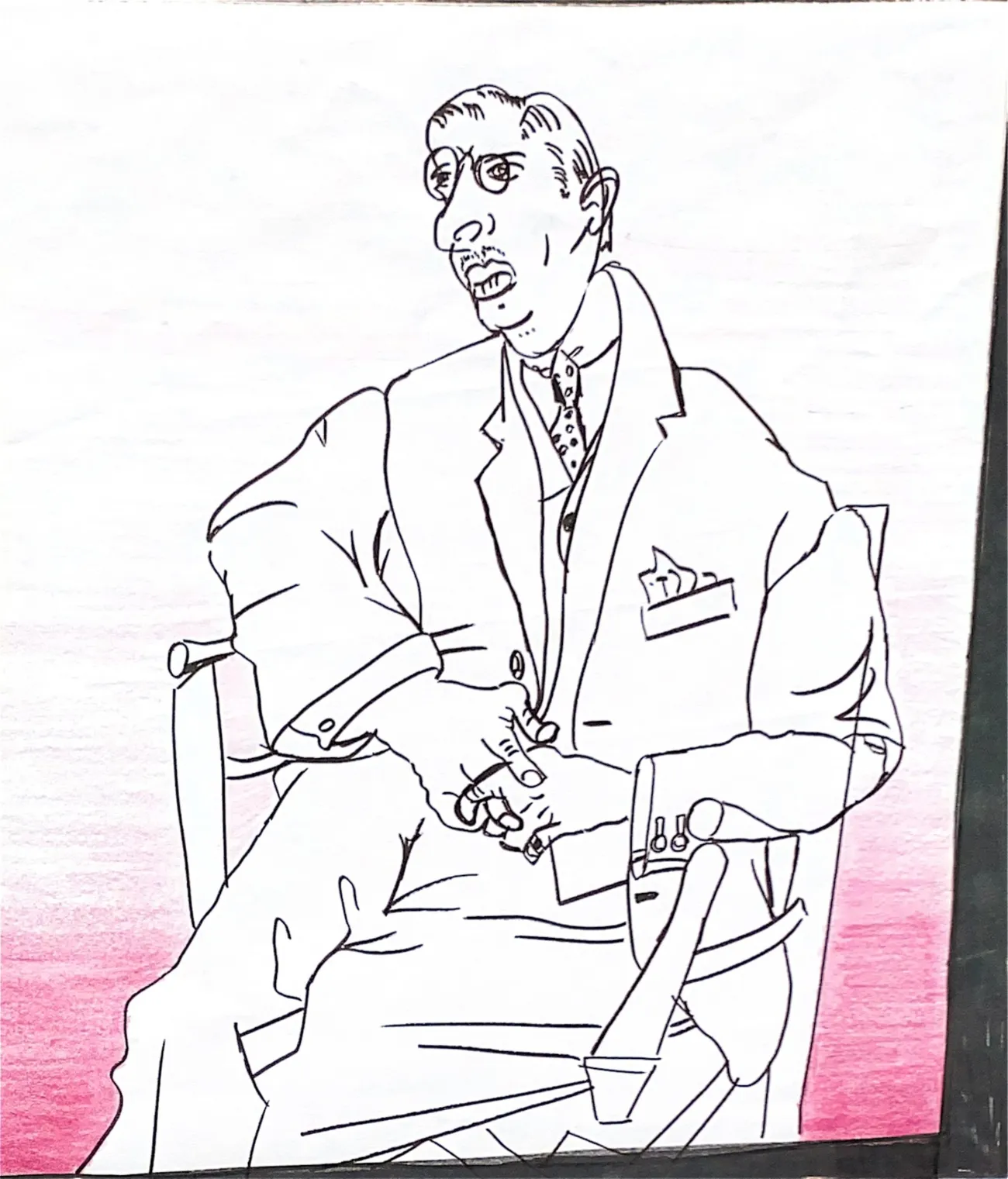 Croquis à l'encre d'un homme assis dans un fauteuil